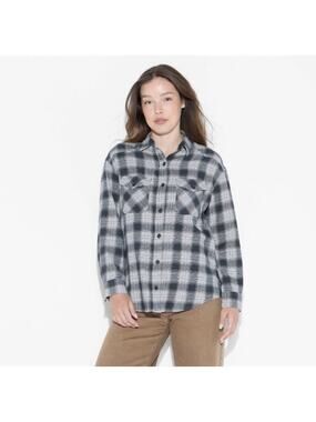 Wild Fable Womens XL Plaid Flannel Shirt Black Gray Button Up Long Sleeve NWT